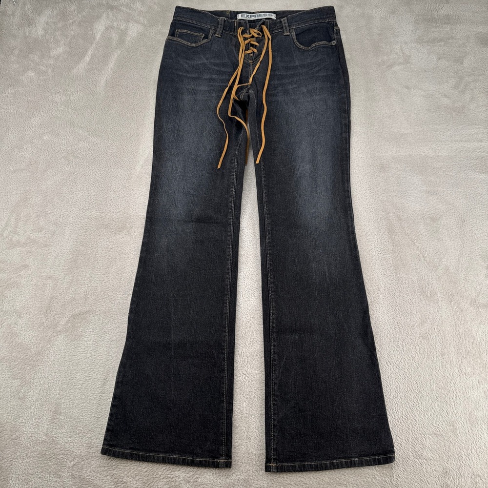 VTG Express Precision Fit Flare Jeans Women 5/6 Black Leopard Trim Denim Lace Up